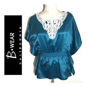 B Wear Blue Satin Batwing Lace Blouse